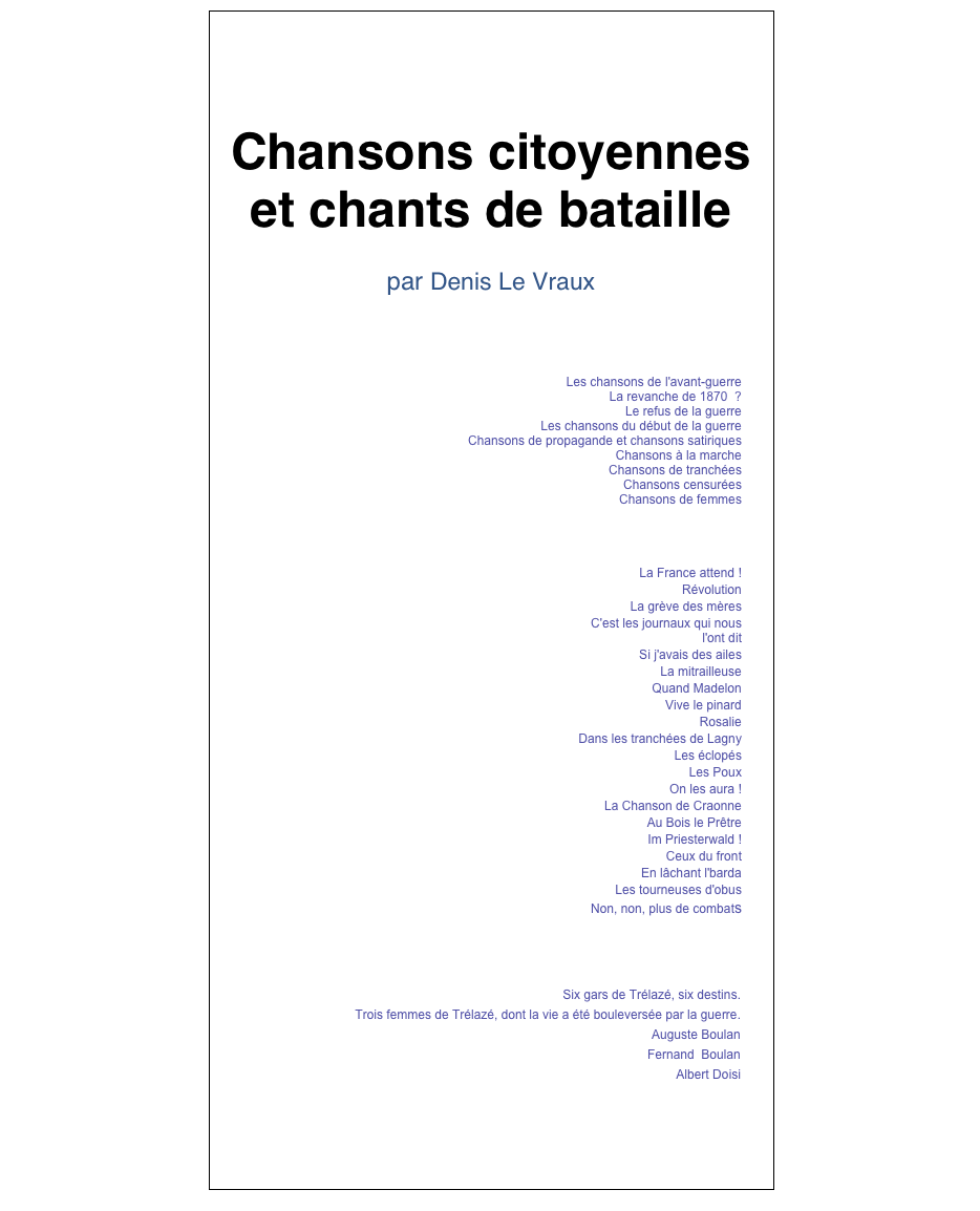 

Chansons citoyennes 
et chants de bataille 

par Denis Le Vraux
 
Texte de la conférence.pdf

                                                        ￼

Paroles des chansons.pdf
￼
Annexes.pdf
           
￼

